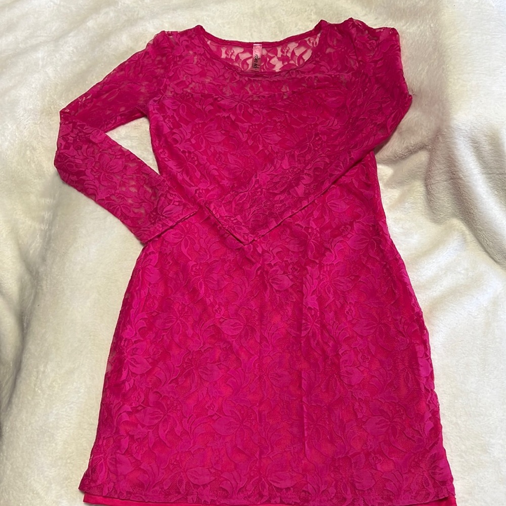 Retro Doll: Size M US, Long sleeve, lined, lace, mini, sexy dress, fuchsia